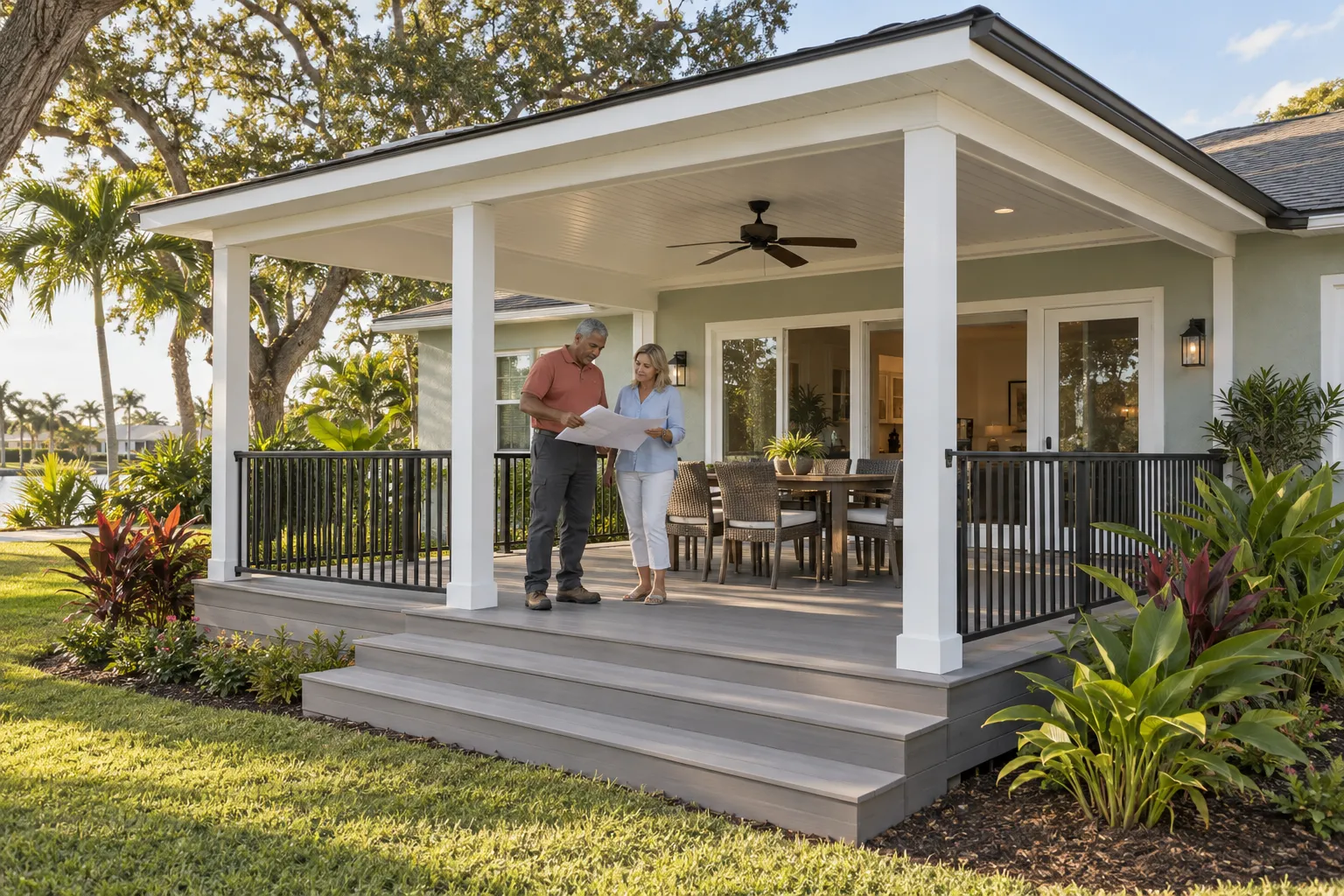 Builder and homeowner reviewing plans beneath the solid roof of an open-sided composite deck