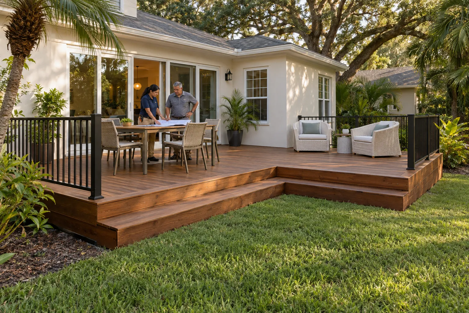 Two people reviewing the layout of an L-shaped backyard deck with outdoor seating