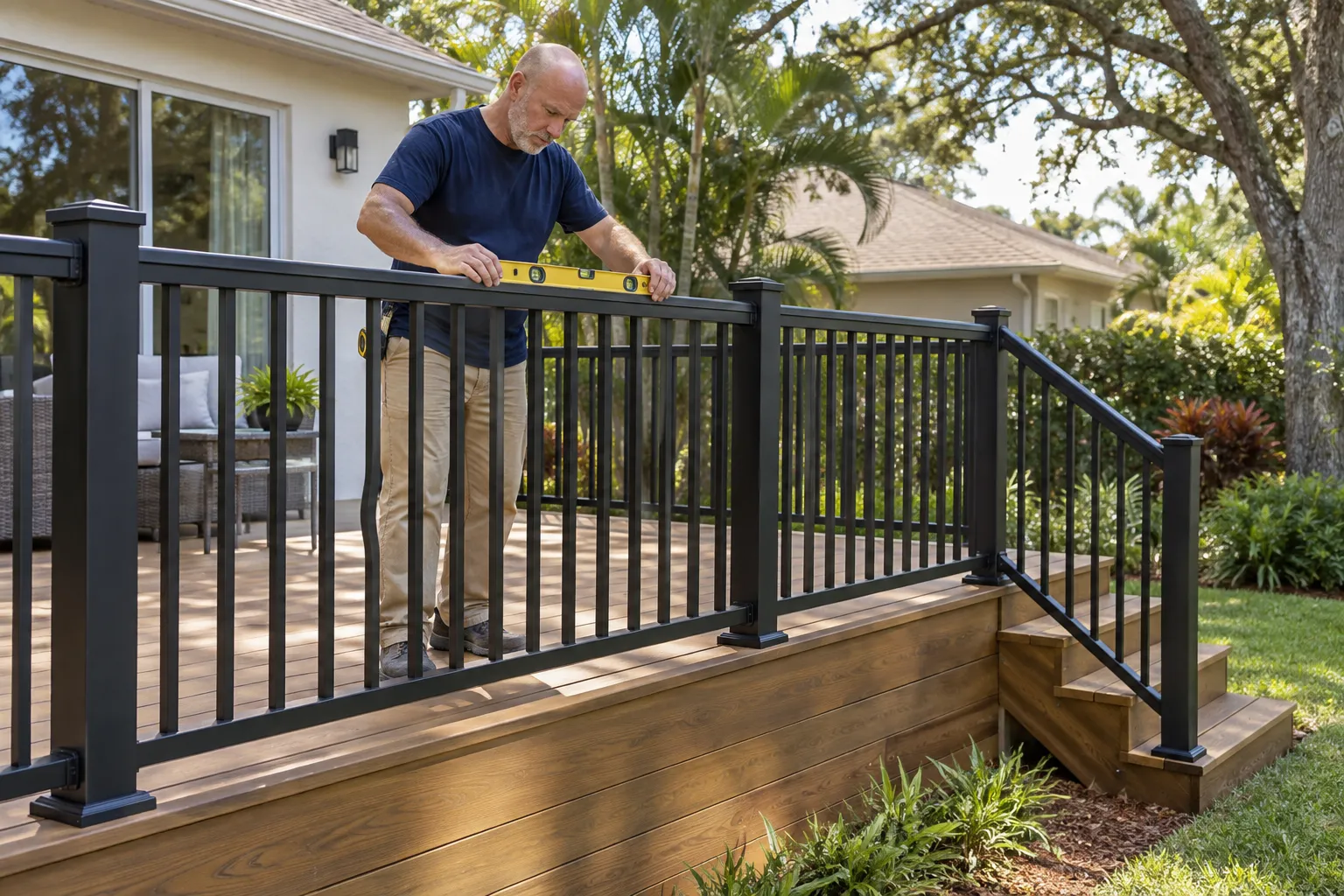 Installer checking a black deck railing and stair connection with a level