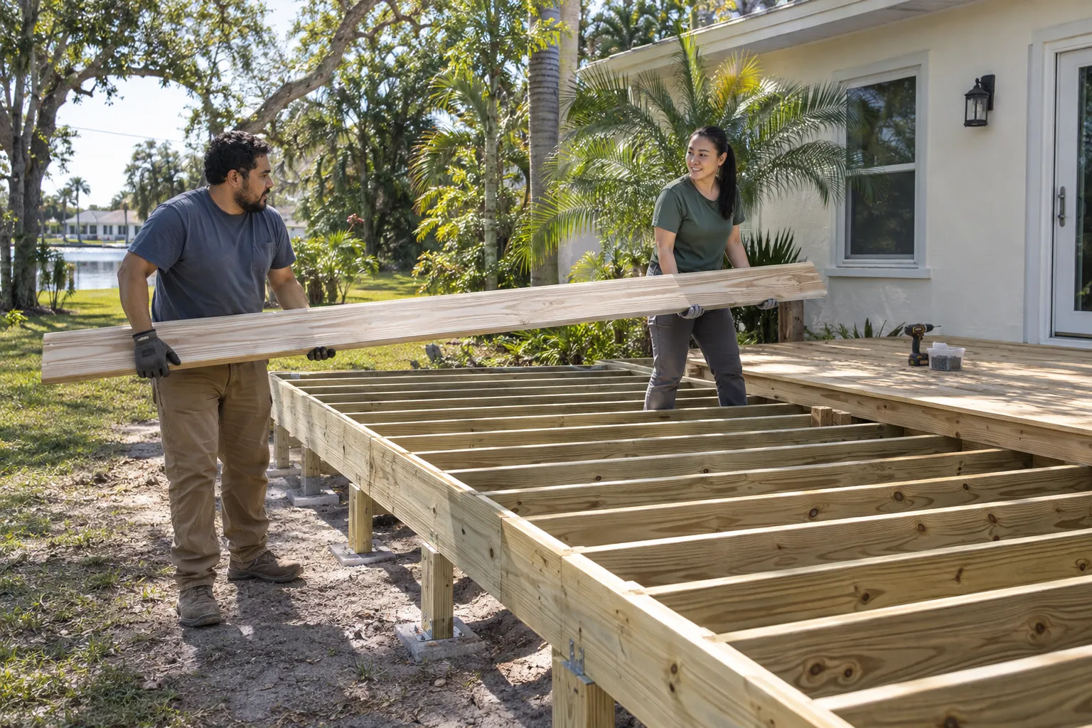 Two installers carrying a timber board beside the fresh joists of a replacement deck