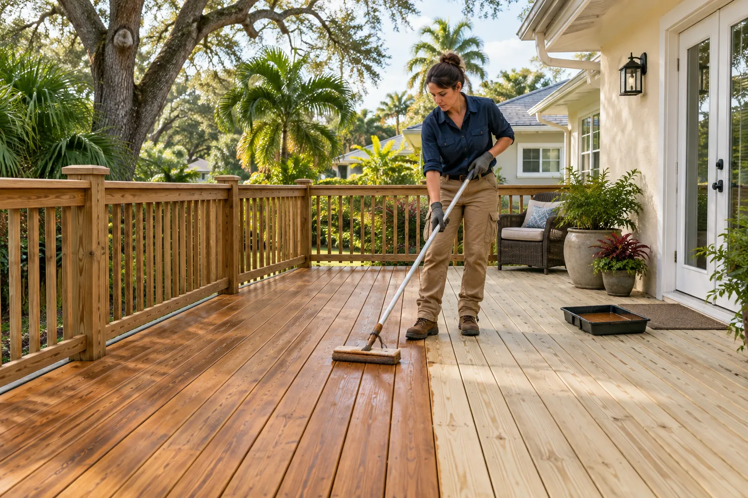 Contractor applying a warm stain to prepared wood decking beside a Florida-style home