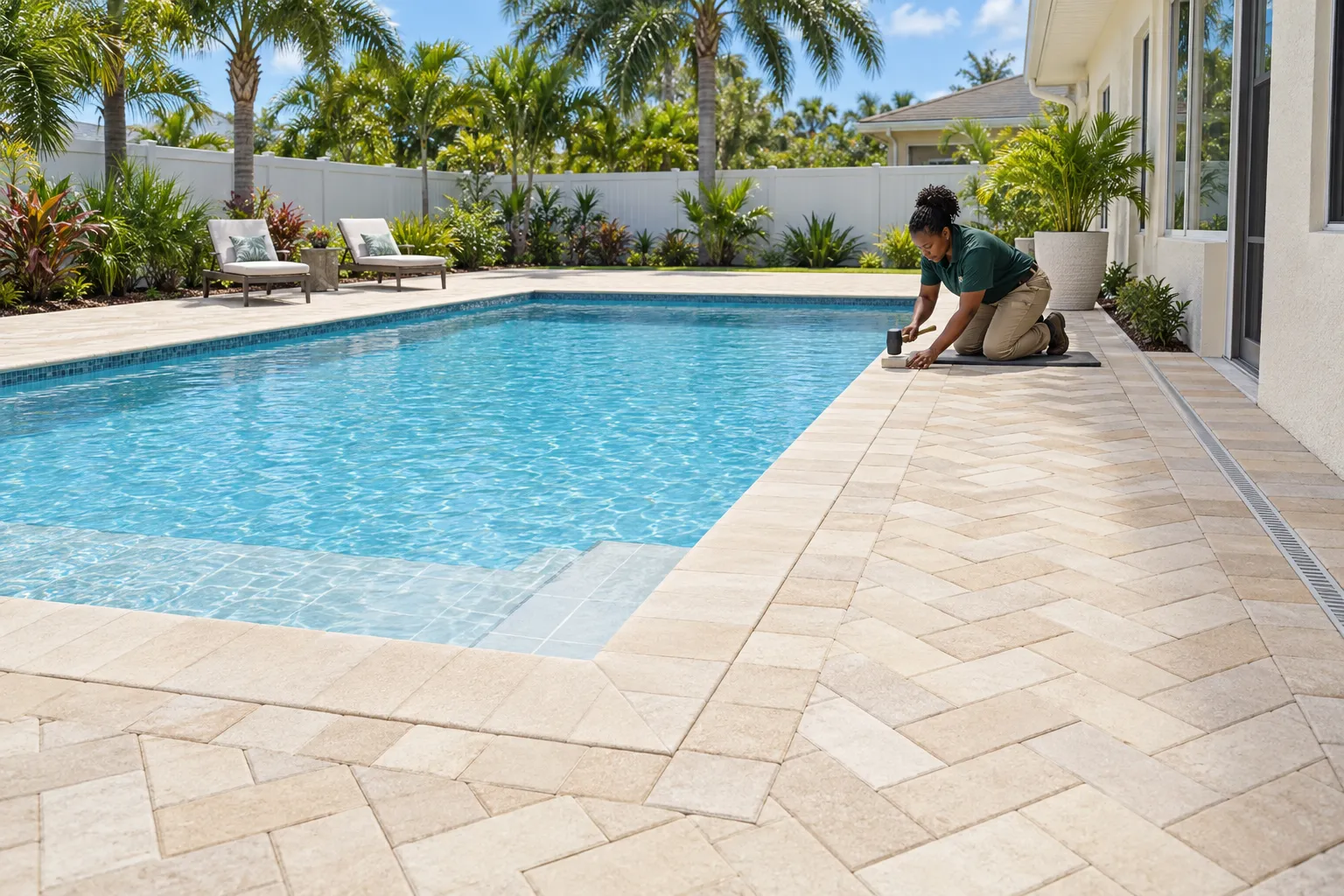 Installer setting a light paver beside a pool and a herringbone-pattern patio