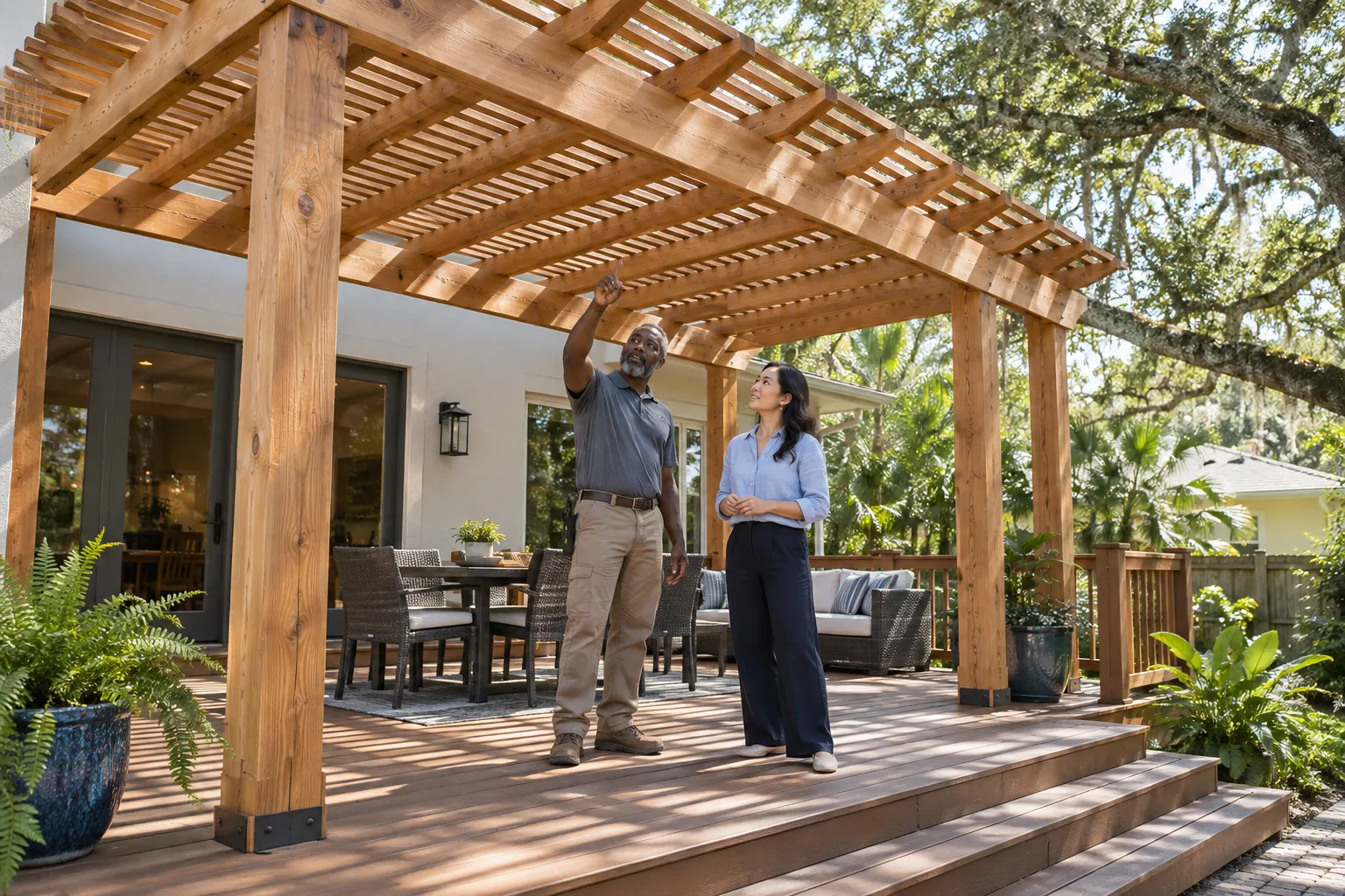 Installer and homeowner reviewing a cedar pergola above a deck