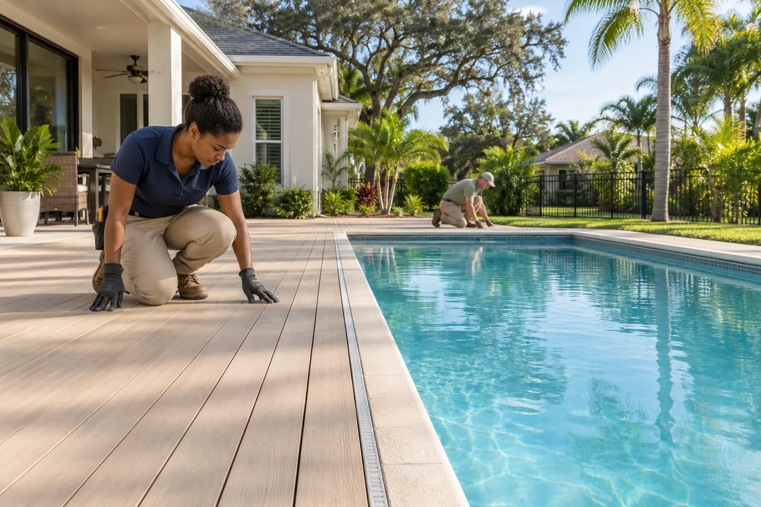 Installers inspecting board decking around a rectangular swimming pool