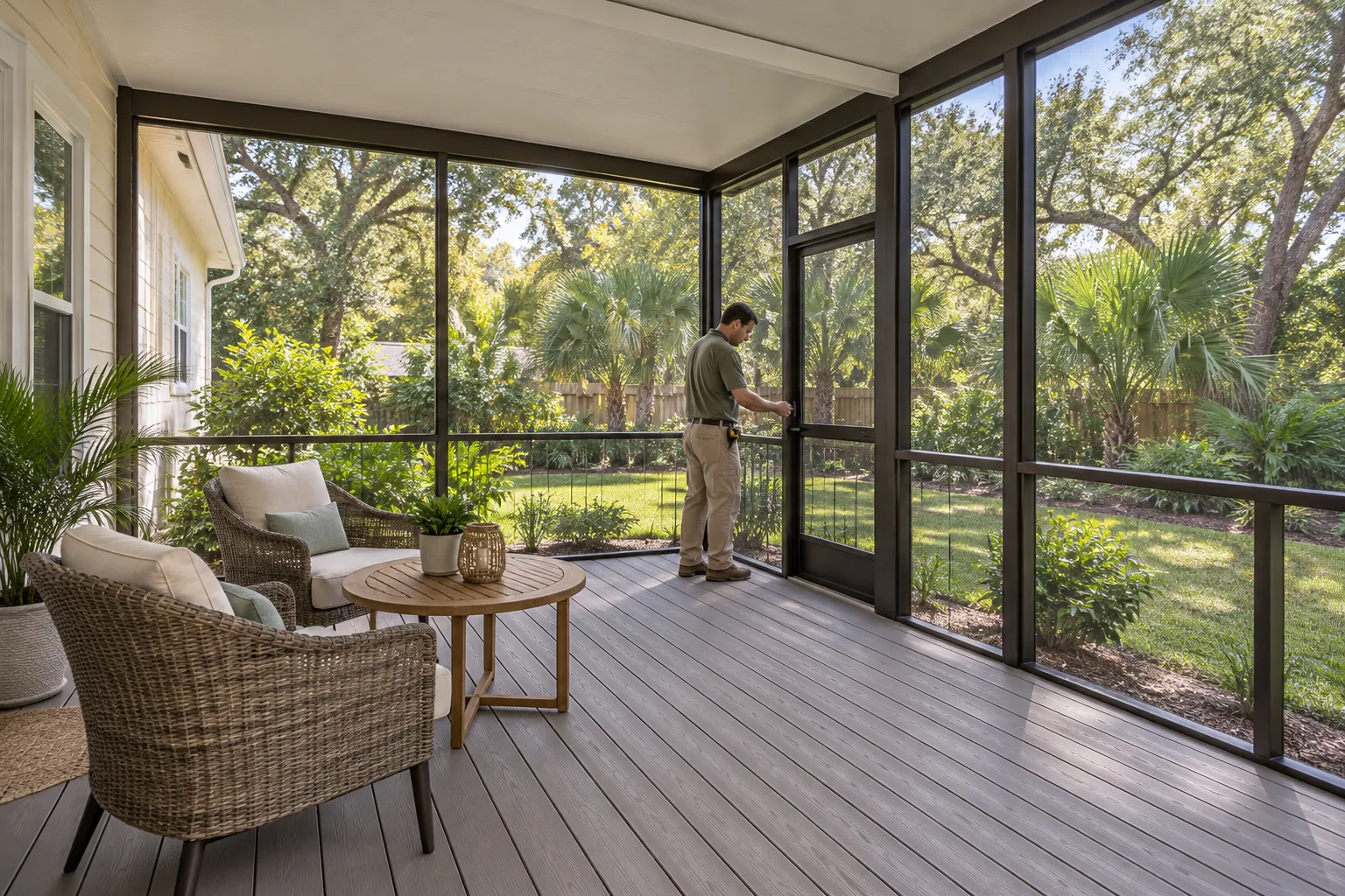 Installer checking the door of a screened composite deck with dark framing and a leafy Florida-style backyard beyond
