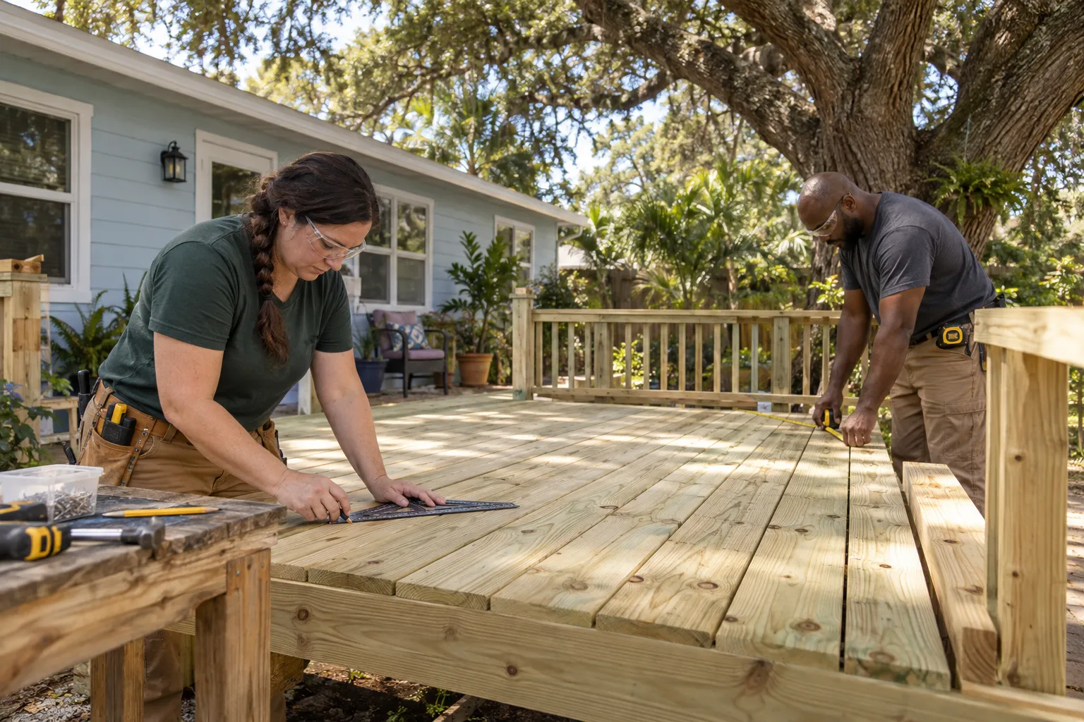 Carpenters measuring and fitting natural wood decking beside a Florida-style bungalow
